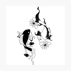 two black and white koi fish with flowers