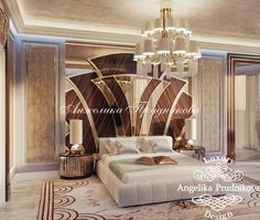 an elegant bedroom with chandelier and bed in the middle, surrounded by marble flooring