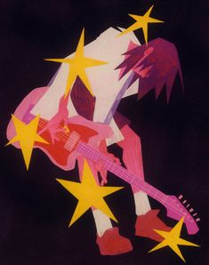 a drawing of a man playing a guitar with stars all around him on a black background