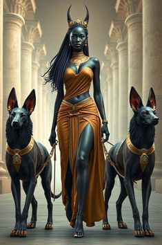 an egyptian woman with two dogs in front of her, wearing gold and black clothing