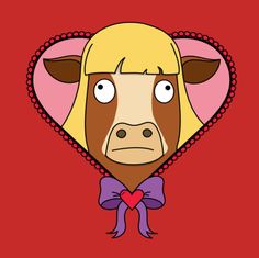 a cow with a bow tie on it's head in the shape of a heart