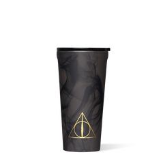 the deathly hallows travel mug is shown in black with gold foil on it