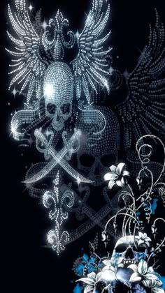 a skull and crossbones on a black background with flowers in the foreground