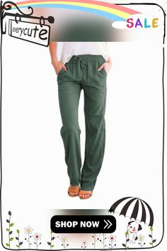 Summer Women's Cotton Linen Drawstring Loose Wide-leg Pants Hot Sale Long Trousers with Pocket Green Straight Leg Pants With Drawstring, Casual Leisure Pants, Long Trousers, Cotton Linen, Summer Women, Leg Pants, Wide Leg Pants, Hot Sale, Womens Bottoms