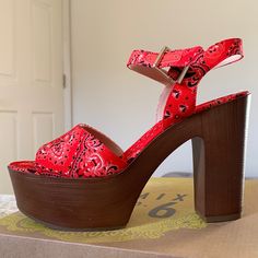 Brand New In The Box Platform Heels Red Bandana Print Wood Alike Ruber Platform 2” Platform 5” Heel True To Size Unique And Super Fun They Are Lightweight And Steady From A Smoke Free Home #Bandanaheels #Bandanashoes Red High Heels With Removable Insole, Trendy Heels With Red Sole And Medium Width, Chic Red Heels With Wooden Heel, Casual Red Heels With Wooden Heel, Red Open Toe Heels With Wooden Heel, Red Heels With Wooden Heel For Summer, Red Block Heels With Wooden Heel, Red Heels With Wooden Heel For Party, Party Red Heels With Wooden Heel