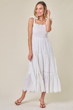 100% Cotton stretch-smocked eyelet dress with tie straps. Dress With Tie Straps, Eyelet Midi Dress, Eyelet Maxi Dress, Smocked Top, Eyelet Dress, Dress With Tie, White Eyelet, Clothes Horse, Look Stylish