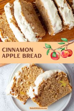 this cinnamon apple bread has been sliced and is on a plate with white frosting