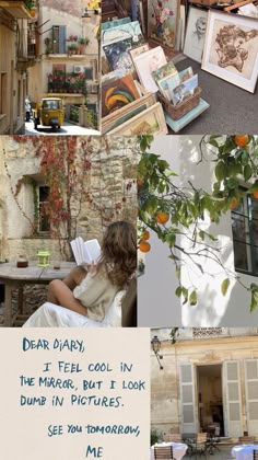 a collage of photos with an orange tree in the middle and pictures on the wall