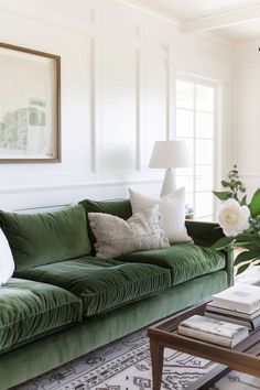 a living room with green velvet couches and white flowers on the coffee table in front of it