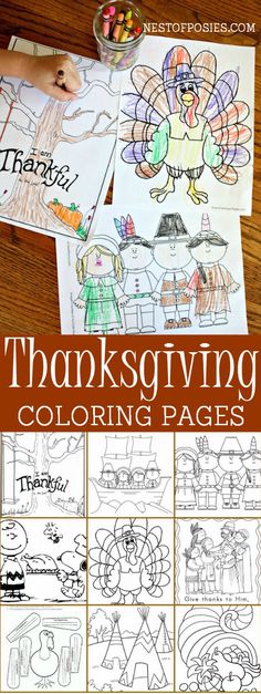 thanksgiving coloring pages for kids with turkeys and other things to color in the background