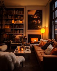 a living room filled with furniture and a fire place