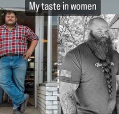 two men with long hair and beards standing in front of a store, one has his hands on his hips