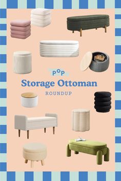 the cover of pop storage ottoman roundup is shown in various colors and sizes, including pink