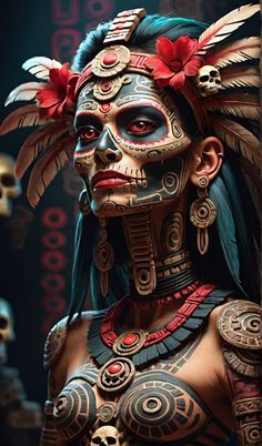 a woman with tattoos and feathers on her face is wearing an elaborate headdress