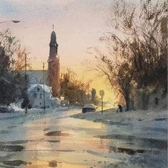 a watercolor painting of a snowy street with a church steeple in the background