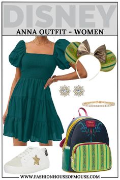 Wondering what to wear to Disney for Mickey’s Not So Scary Halloween party this fall? Here are eleven cute and comfortable Disney princess inspired outfits you'll love! This Anna from Frozen look is perfect for a night of trick or treating at Magic Kingdom! Anna Inspired Outfit, What To Wear To Disney, Green Dress Outfit, Princess Inspired Outfits, Teal Green Dress