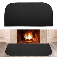 a fireplace with a black mat on it