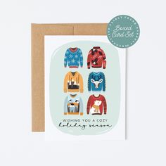 a card with sweaters on it that says wishing you a cozy holiday