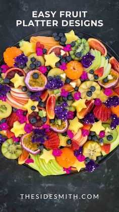 a plate full of fruit with the words easy fruit platter designs on it's side