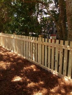 a white picket fence in front of a tree