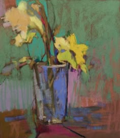 a painting of yellow flowers in a blue vase