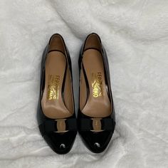 3” Heel, Black, Never Worn Ferragamo Pumps. Varo Style. Size 39. Received As A Gift But Too Small. Lost Box In A Move Designer Patent Leather Court Shoes For Work, Black Patent Leather Court Shoes For Formal Occasions, Black Calf Leather Heels For Formal Occasions, Formal Black Patent Leather Court Shoes, Classic Black Calf Leather Court Shoes, Classic Black Calf Leather Heels, Elegant Black Court Shoes With Leather Sole, Black Luxury Calf Leather Court Shoes, Classic Black Court Shoes With Leather Lining