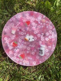 a pink plate with hello kitty on it sitting in the grass next to some strawberries