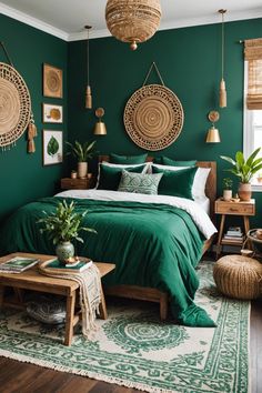 a bedroom decorated in green and gold with wicker baskets on the wall above the bed