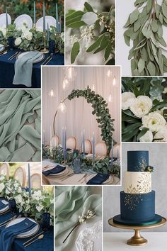 Navy and sage wedding color theme with greenery and table decor. Dark Green Navy Wedding, Greenery And Blue Wedding, Navy And Turquoise Wedding, Emerald Green Blue Wedding, Greens And Blues Palette Wedding, Safe Green And Blue Wedding, August Beach Wedding Colors, Navy Color Palette Wedding, Olive Green And Blue Wedding