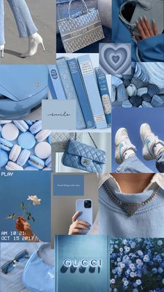 a collage of blue and white images with flowers, shoes, purses and accessories