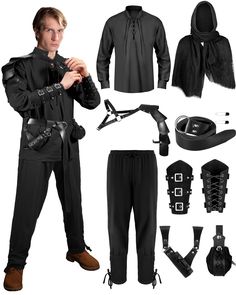 a man in black clothing and accessories including gloves