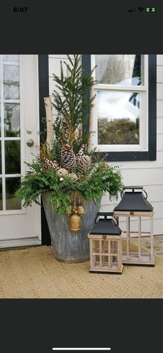 a potted plant with pine cones and greenery in front of a house