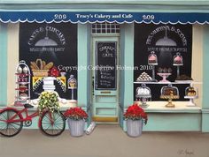 a painting of a store front with flowers and cakes