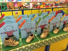 several pairs of shoes are on display in a store for children's birthdays