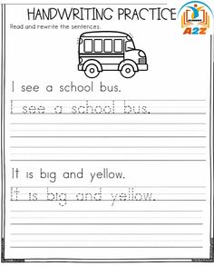 handwriting practice worksheet for kids with the words i see a school bus