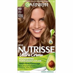 Garnier Nutrisse Ultra Crème Nourishing Permanent Hair Color nourishes as it colors for 2x shinier, silkier and nourished hair vs. uncolored, unwashed hair. Garnier Nutrisse permanent light golden brown hair dye comes with a fruit oil ampoule that you pour directly into the mix. Our nourishing after color conditioner is infused with five responsibly-sourced oils - avocado, olive, coconut, argan and shea. The new ColorBoost technology efficiently infuses intense dyes into the hair fiber for riche Golden Brown Hair Dye, Light Brown Hair Dye, Light Golden Brown Hair, Garnier Hair Color, Golden Brown Hair Color, Golden Brown Hair, Color Conditioner, Brown Hair Dye, Light Golden Brown