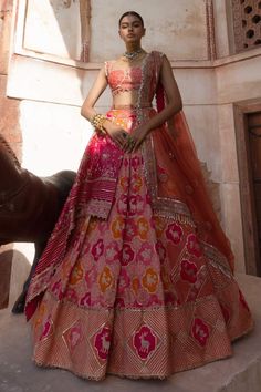 This stunning banarsi lehenga is sumptuously paired with a coral mirrored bralette-cut blouse, inspired by the enchanting Mughal gardens. Intricate blooming floral motifs and delicate fauna are beautifully scattered throughout, featuring charming butterflies and birds on the lehenga panel. The sides boast a playful texture of gota patti and motifs, adding a delightful twist to the design. Completing the look is the AG signature Meenakari belt at the waist, infusing the ensemble with elegance and sophistication. Coral Mirror, Chanderi Lehenga, Cut Blouse, Silk Lehenga, Organza Dupatta, Floral Motifs, Silk Blouse, Floral Motif, Lehenga