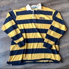 Polo Ralph Lauren 1992 Spellout Rugby Shirt Size Mens Xl Rare Vintage Colorblock Yellow Long Sleeve Cotton Polo Shirt, Rugby Shirt, Ralph Lauren Shirt, Casual Shirts For Men, Blue Gold, Rugby, Casual Button Down Shirts, Polo Ralph, Color Blocking