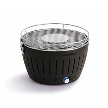 the barbecue grill is black and has a metal basket on it's side, with an open lid