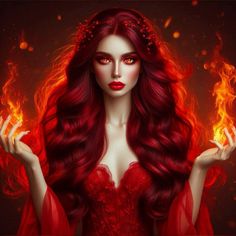 a woman with long red hair holding fire in her hands and wearing a tiara