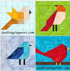 four different birds are shown on the same piece of quilting paper, each with an individual's own design