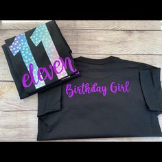 11th Birthday Birthday Girl Shirt Casual Purple Birthday T-shirt, Casual Purple T-shirt For Birthday, Black Graphic Tee For Birthday Gift, Purple Crew Neck T-shirt For Birthday, Black Tops With Graphic Print For Birthday Gift, Black T-shirt With Name Print For Birthday, Gift Black T-shirt With Name Print, Black T-shirt With Name Print For Gift, Black T-shirt With Name Print For Birthday Gift