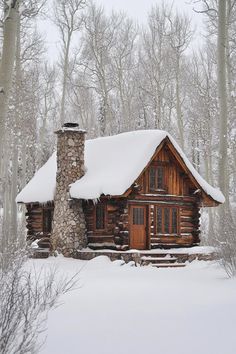 a log cabin in the woods with snow on it's roof and chimneys