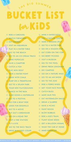 the bucket list for kids with ice cream and popsicles on it in yellow