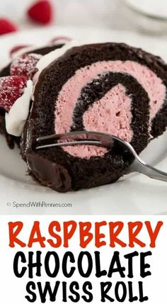 raspberry chocolate swiss roll on a white plate with a fork and text overlay