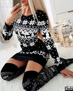 Fisdy - Vestido de manga larga con estampado navideño de copos de nieve Trendy Outfits 2023, Trendy Outfits Inspiration, Long Sleeves Dresses, Slim Fit Skirts, Backless Bodycon Dresses, Womens Tank Top, Two Piece Pants Set, Body Con Dress, Long Sleeve Dresses