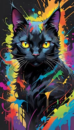 a black cat with yellow eyes and colorful paint splatters on it's face