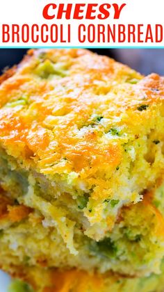 cheesy broccoli cornbread casserole on a white plate with text overlay