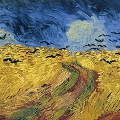 an oil painting of a dirt road in a wheat field with crows flying over it