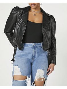 Forever 21+
 - A faux leather moto jacket featuring notched lapels, high-polish hardware, a zipper-front closure, front zipper pockets, long puff sleeves, and a belted cropped hem.Plus Size Puff-Sleeve Moto Jacket Black         Women Plus Clothing, size features are:Bust: ,Length: ,Sleeve Length: Trendy Fitted Belted Leather Jacket, Trendy Belted Biker Jacket, Trendy Spring Leather Jacket With Belt, Trendy Belted Leather Jacket For Spring, Edgy Long Sleeve Belted Biker Jacket, Forever 21 Plus Size, Plus Size Jackets, Plus Size Outerwear, Faux Leather Moto Jacket